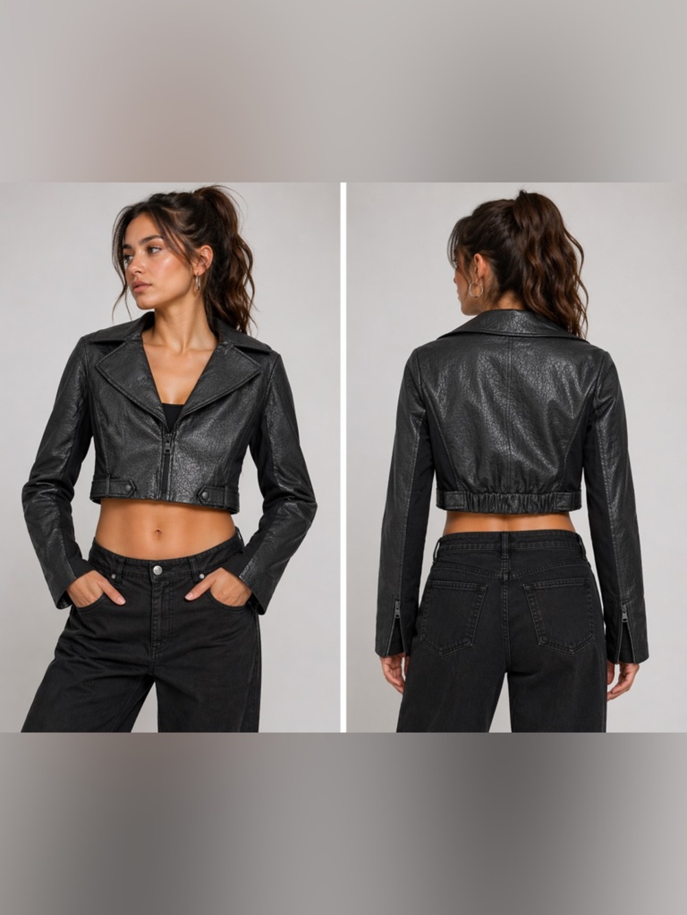 Alice + Olivia Designer Cropped Black Leather Moto Jacket Edgy, Chic